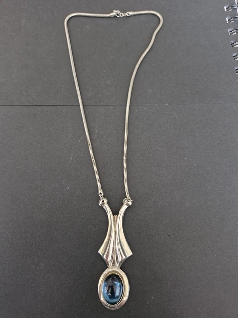 Large Vintage Pendant, Silver Tone With Blue Glass Cabochon, On Snake Chain