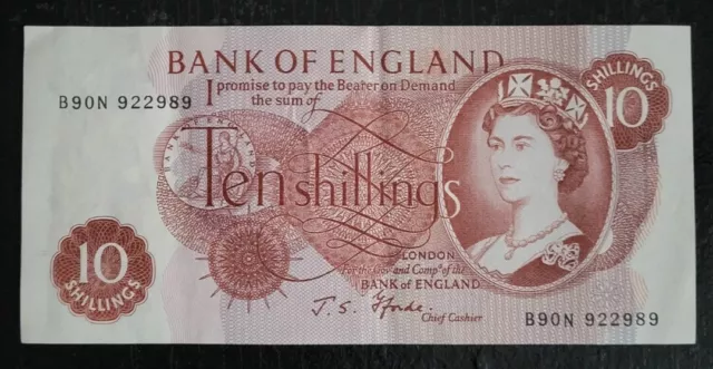 Bank Of England Queen Elizabeth II Ten Shilling Banknote. V.G.C.