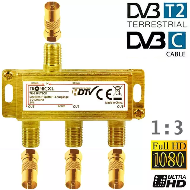 3-Fach Gold Koax verteiler Antennenverteiler Coax Buchse TV Splitter Koaxial HD