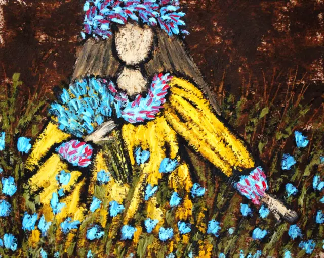 Native Ukrainian girl with blue flowers oil painting, Woman faceless portrait