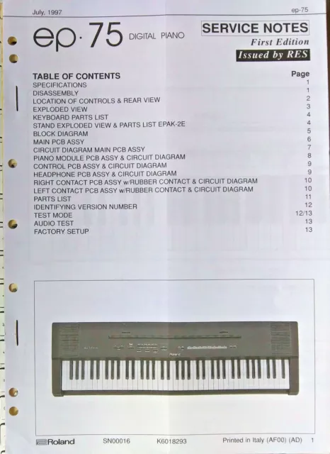 Roland EP-75 Piano Numérique Clavier Original Service Manuel Schematics Livret