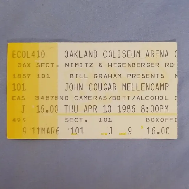 1986 John Cougar Mellencamp Concert Ticket Stub Oakland Coliseum California