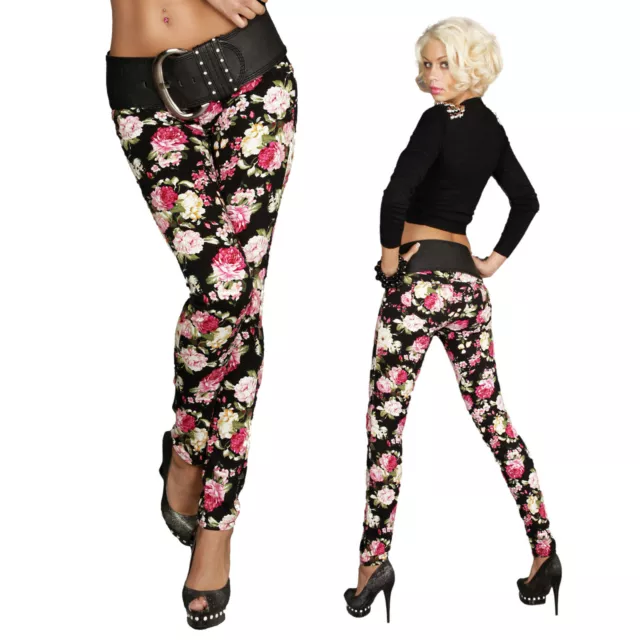 Jeans Pantalon Femme Noire Floral en Jeans Coton Skinny Extensible Neuf