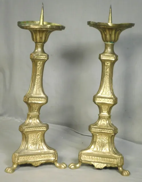 Antique French Church Altar Candlestick PAIR Gilt Brass Repousse Pricket Baroque