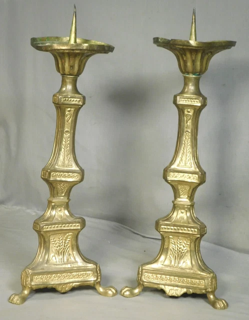 Antique French Church Altar Candlestick PAIR Gilt Brass Repousse Pricket Baroque