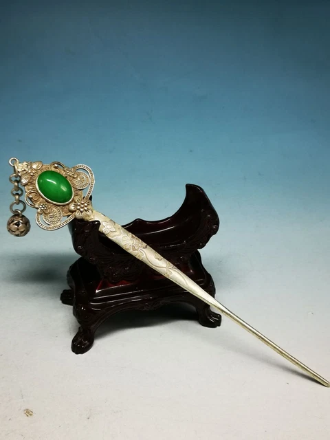 Chinese Royal Collection Carved Miao Silver Noble Flower Inlay Jade Hairpin Da8