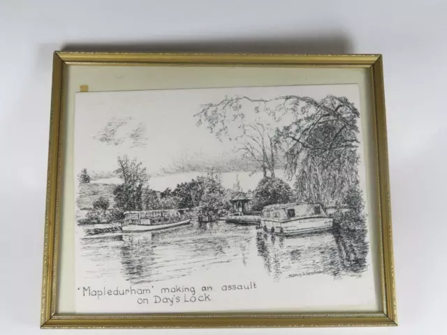 Vintage Pluma Y Tinta Boceto ' Mapledurham Sobre Días Lock ' Nancy Larcombe