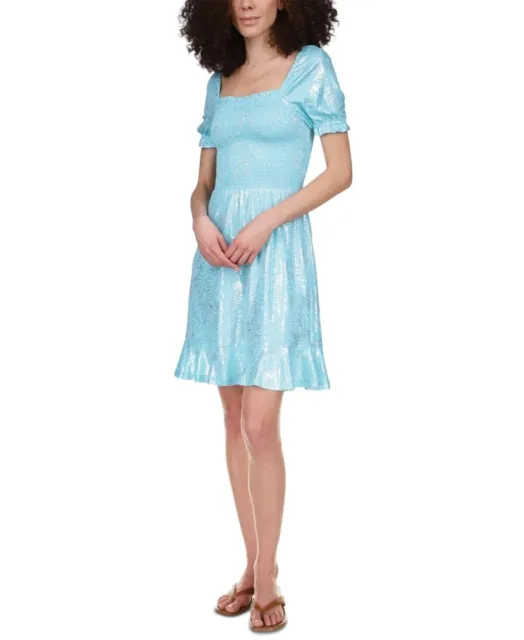 Michael Kors Women's Foil Print Smocked Peasant Dress, Turquoise Size M