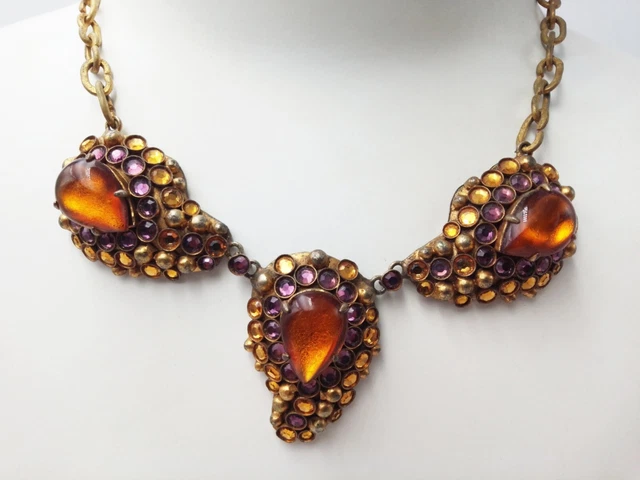 Collier Vintage Henry Perichon Années 1950 - France, Pendentif Moderniste, Verre Orange, Métal Doré - Occasion