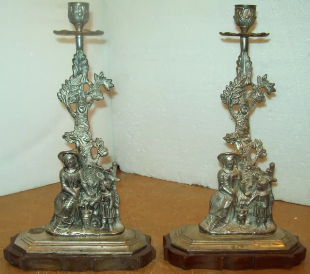 PAIR Large Vintage Victorian Cast Metal Wood & Silverplate Candlesticks