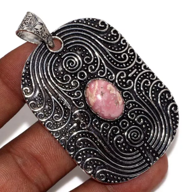 925 Silver Plated-Rhodochrosite Ethnic Gemstone Long Pendant Jewelry 2.5" AU P66