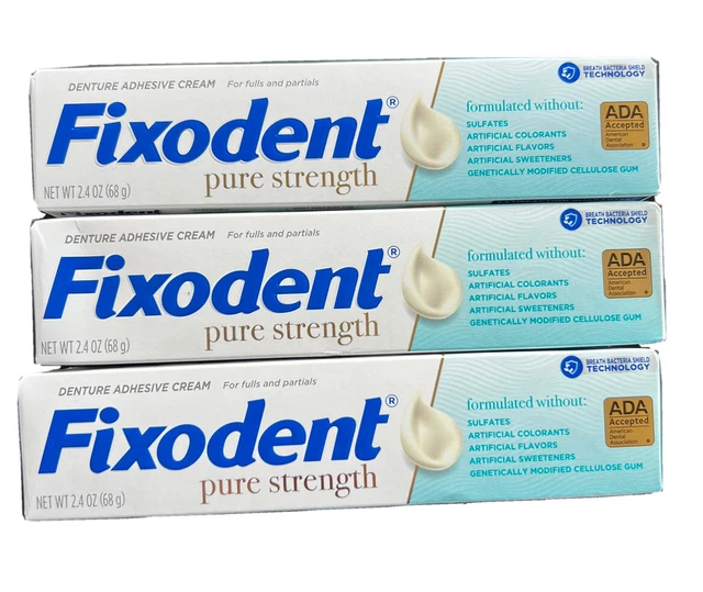 Crema adhesiva dental Fixodent Pure Strength (2,4 oz) - (Lote de 3)