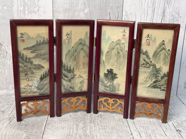 Miniature Oriental Folding Screen Hand Painted Silk and Wood - 4 Hinged Panels