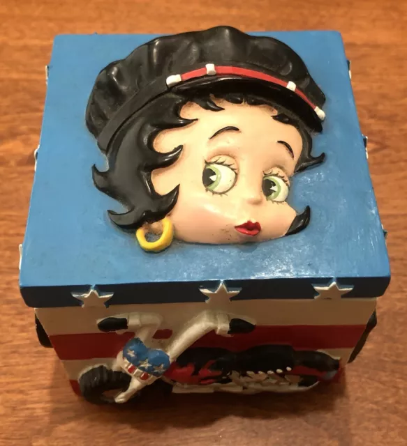 Betty Boop 3” Motorcycle Trinket Box Ceramic Red White Blue Stars/Exc. Condition