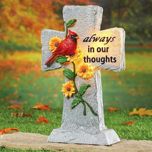 SOLAR LIGHTED MEMORIAL Cross Statue Bird Stone Look Garden Grave