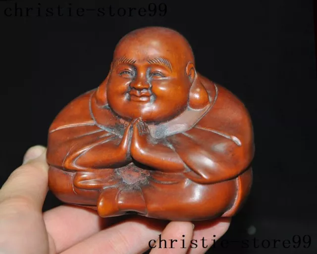 China Buddhism Boxwood carve Feng Shui wealth Happy laugh Maitreya Buddha statue 3
