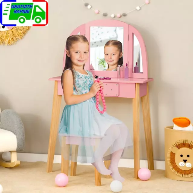 Coiffeuse pour Enfant 3 Miroirs Pliant Amovible 1 Tabouret et 1 Tiroir Style Pri