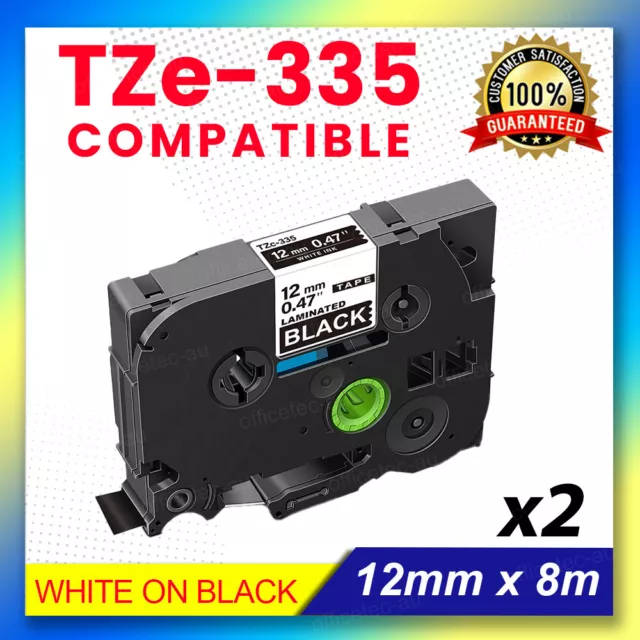 2 x TZ-335 Compatible for Brother P-Touch TZe335 Label Maker Tape 12mm BLACK