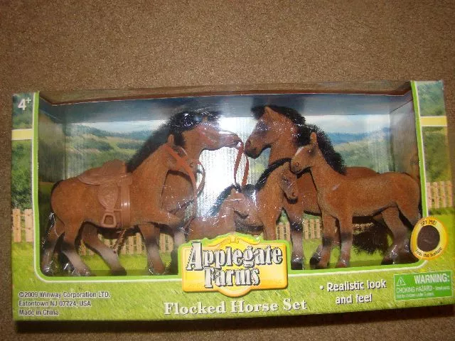 Applegate Farms Flocked Horse Set 6 Brown Horses 2 Saddles (2009) NEW