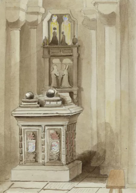 Church Interior Showing Pews – Original mid-19th-century watercolour painting