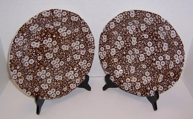 Staffordshire England Calico Brown Chintz 2 Dinner Plates (10 3/8”) Beautiful