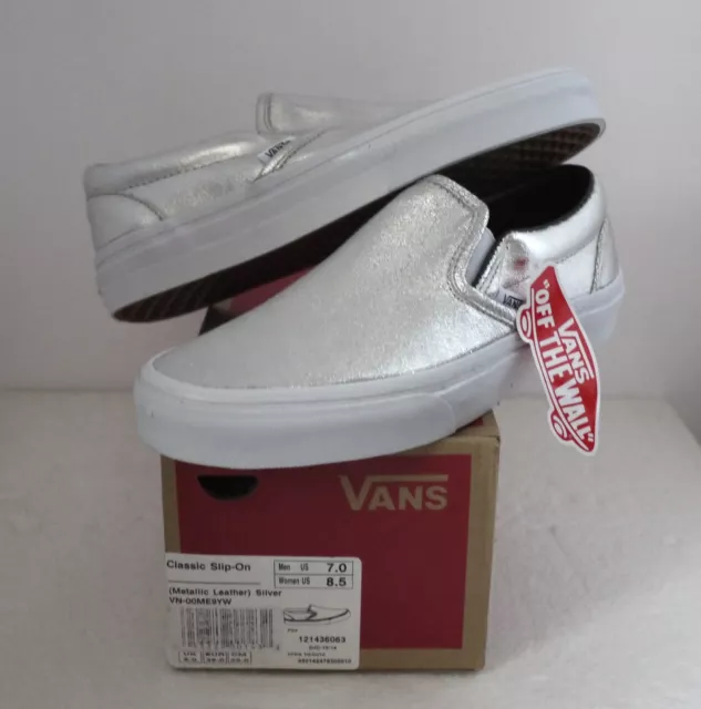 VANS CLASSIC SLIP-ON (METALLIC SILVER) LEATHER SHOES (Men 8.0/WOMEN 9.5) NEW!!