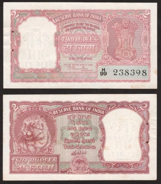 1949-1957 India 2 Rupees P-28 Reserve Bank Banknote Tiger Crisp Au/Unc Stain