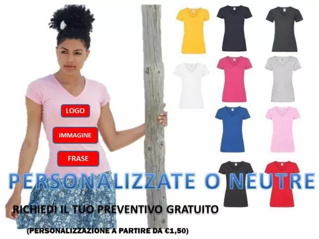T-Shirt Fruit Of The Loom Collo V Manica Corta Maglietta Donna Cotone T-Shirt