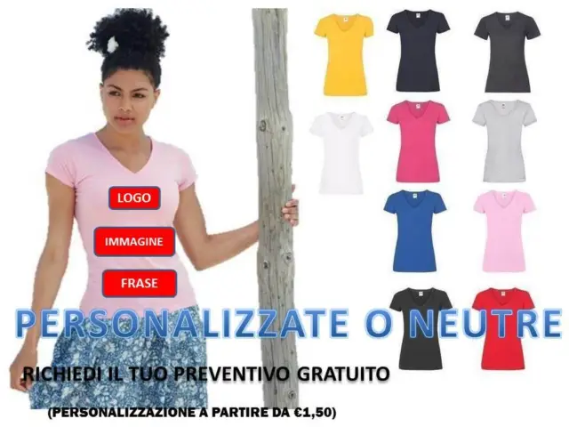 T-Shirt Lady-Fit Fruit Of The Loom Collo V Manica Corta Maglietta Donna Maglia