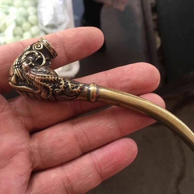 Chinese Antique Old Brass Dragon And Phoenix Cigarette Holder Filter Pure Copper