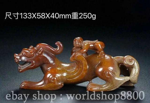 5.4" Chinese Natural Hetian Jade Nephrite Carving Dragon Beast People Statue