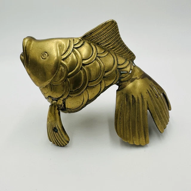 Mid Century Modern Solid Brass Koi Fish Sculpture Statue Figurine
