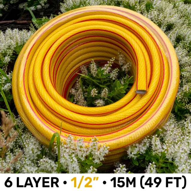 1/2"Heavy Duty Garden Hose Pipe 6-Layer Braided PVC Watering Hosepipe Short 15M