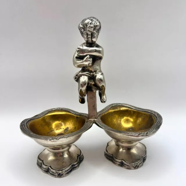 1960 Sheffield Silver Brass Caviar Condiment Serving Bowl Salt Cellar Putti Mark