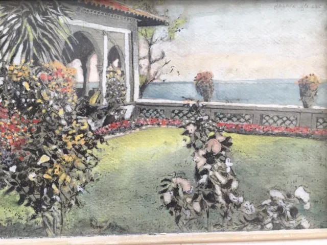 Muy bonita Pintura Gouache Acuarela Parque Casa Costa Azul Flor Jardin 1950