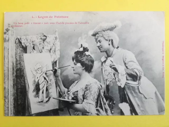 cpa 1900 Phot. BERGERET & Cie NANCY PAINTING LESSON Angel Lesbian