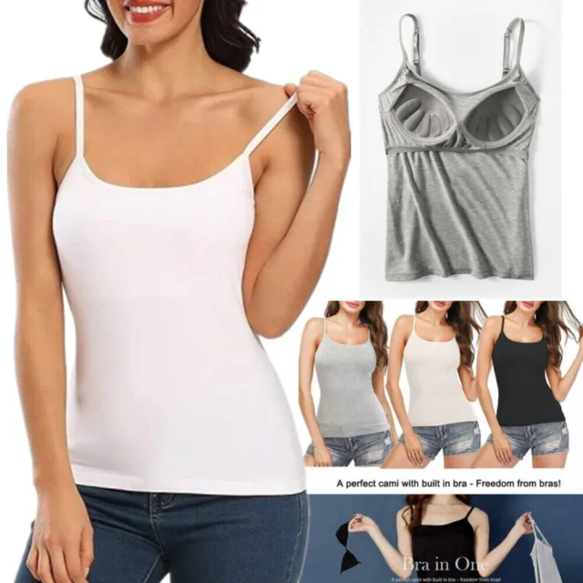 WOMENS CAMISOLE WITH Built in Shelf Bra Spaghetti Strap Vest Padded Tank  Tops $12.99 - PicClick AU