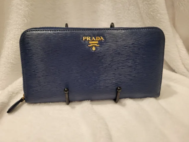 Authentic PRADA Vitello Move Leather Zip Around Long Wallet Blue