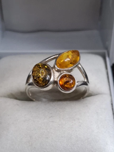 Bague Ancienne En Argent Massif 925 Avec Ambre Orange - Jonc Alliance, Taille 53, Occasion