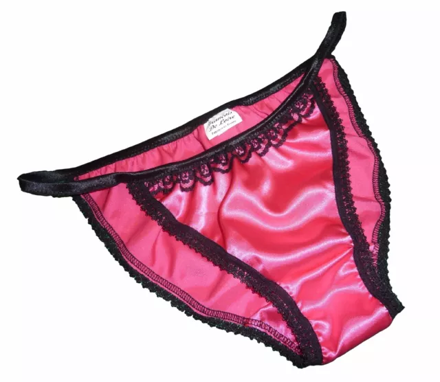 Hot Pink Shiny Satin Panties Mini Tanga String Bikini Black Lace Made France 15 99 Picclick