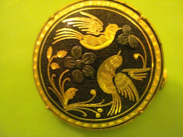 Vtg. 1930s TOLEDO SPAIN Damascene Pin Bird Flowers 24K Gold Plate