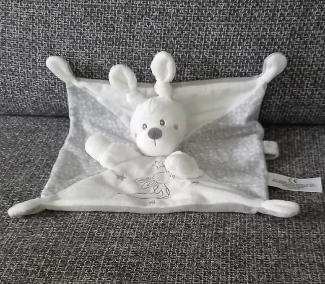 A1 Doudou Plat Carré Lapin Blanc Gris Attache Sucette Etoiles Simba Toys