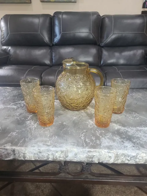 Vintage Anchor Hocking textured Lido Milano honey amber  pitcher and 4 glasses
