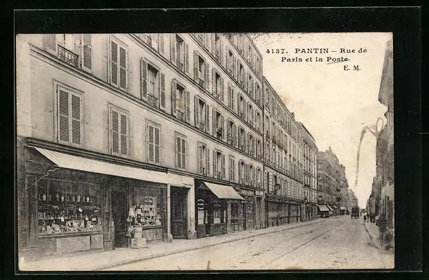 CPA Pantin, Rue de Paris et la Poste 1919