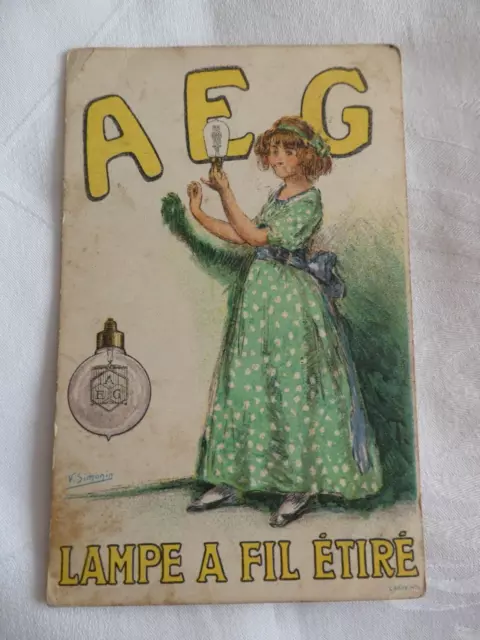 Antike Künstler AK Postkarte Reklame Werbung AEG Glühbirne LAMPE A FIL ETIRE