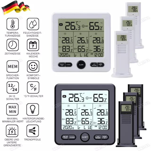 Digital Wetterstation Thermometer Hygrometer mit 3 Sensor Innen Außen NEU