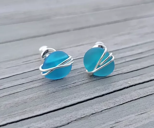 Beautiful Eco Reclaimed Sea Glass Sterling Silver Bound Earring Studs Green Blue