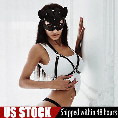 Women Sexy Half Eye Masks Cosplay Faux Leather Cat Girl Mask Masquerade Costume