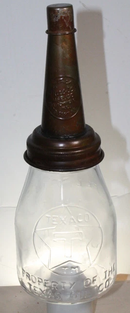 TEXACO T STAR 1 PINT MOTOR OIL BOTTLE EMBOSSED WITH METAL SPOUT & DUST CAP Texas
