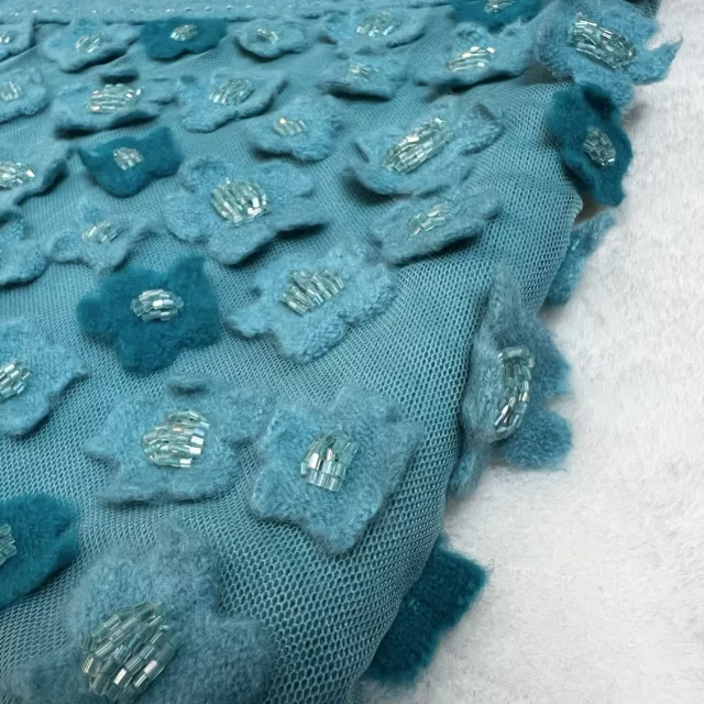 RICKIE FREEMAN TERI Jon Teal Green Blue Wool Floral Midi Fringe Skirt ...